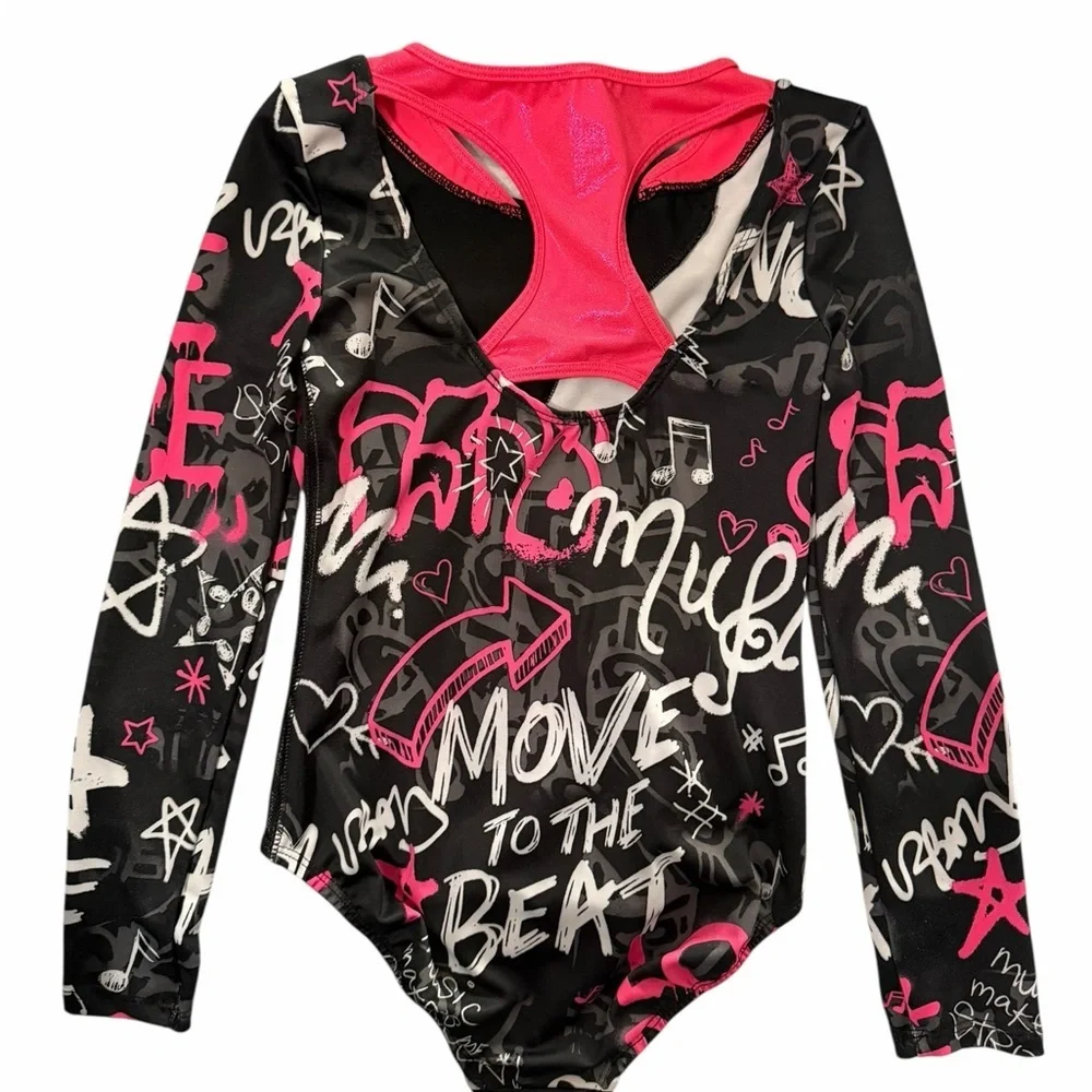Dance Long Sleeve Leotard music Black Hot Pink shimmer sz 8 gymnastics scrunchie